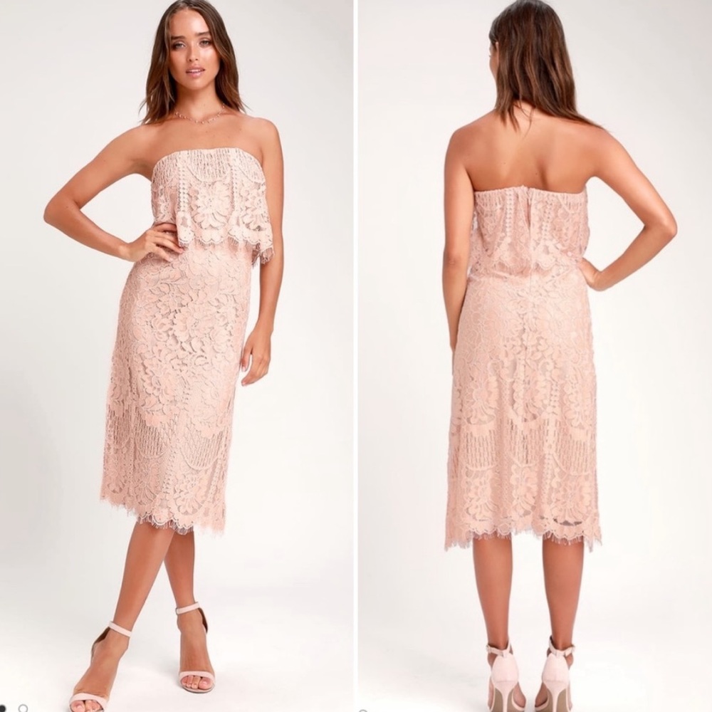 Lulu’s Delia Blush Pink Lace Strapless Midi Dress